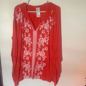 Chico's Vibrant Red Blouse with White Floral Embroidery